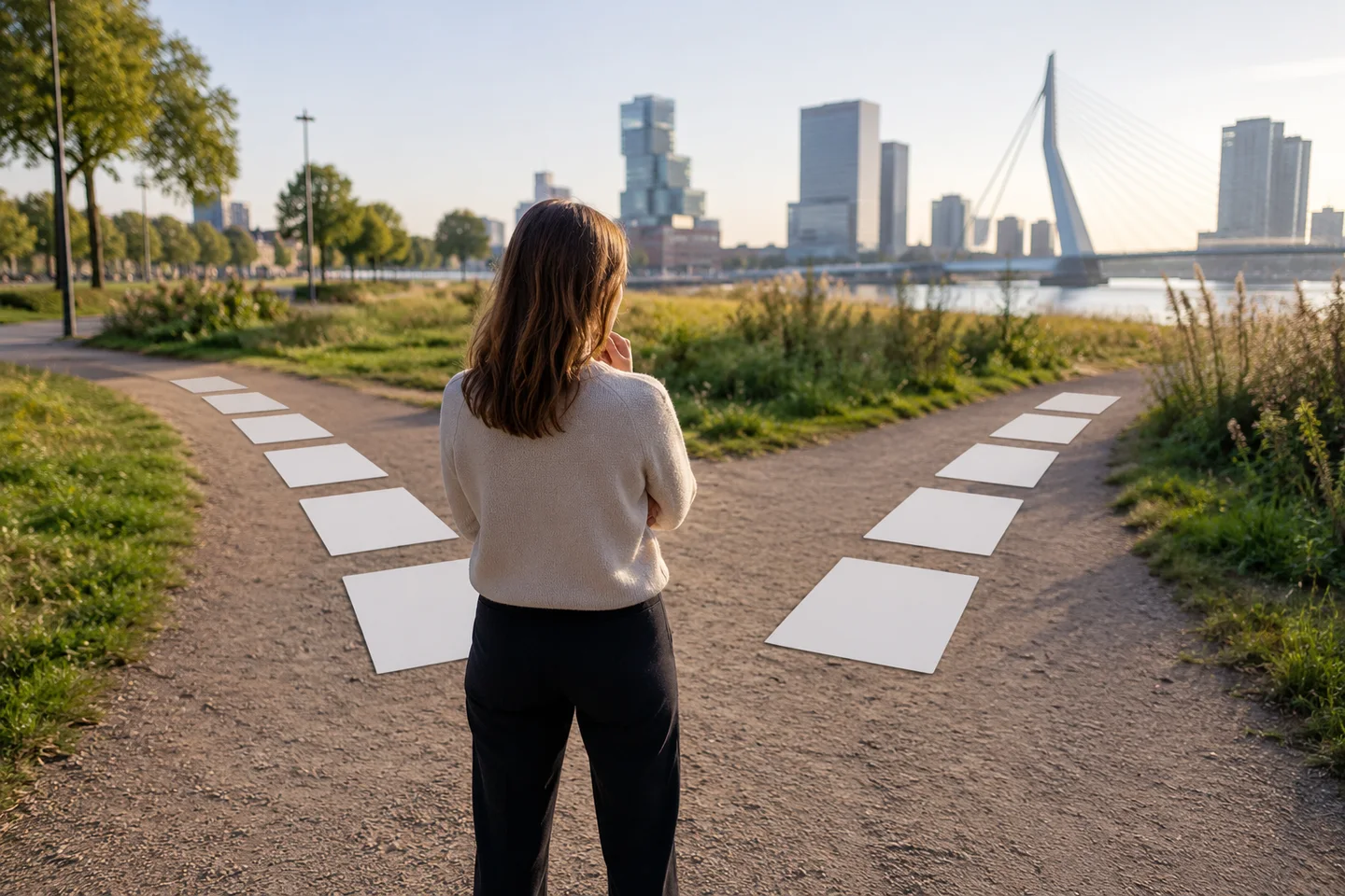 Persoon bij een splitsing met visuele keuzekaarten Persoon bij een splitsing met visuele keuzekaarten