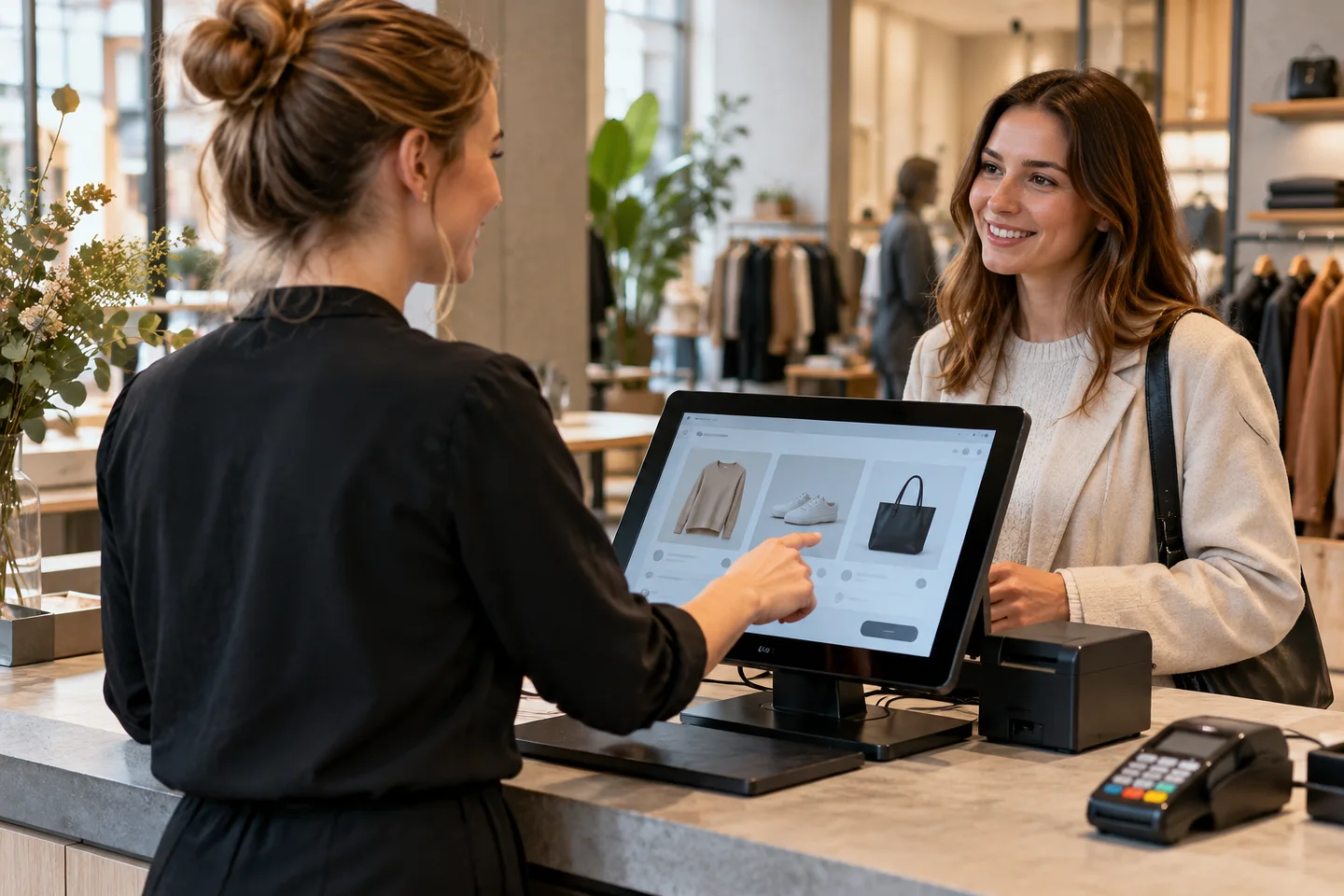 Medewerker oefent een klantgesprek aan een balie