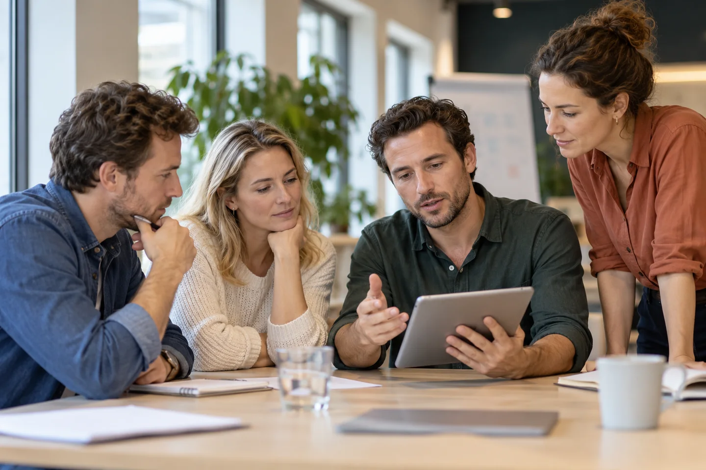 Groep bespreekt een scenario op een tablet Groep bespreekt een scenario op een tablet