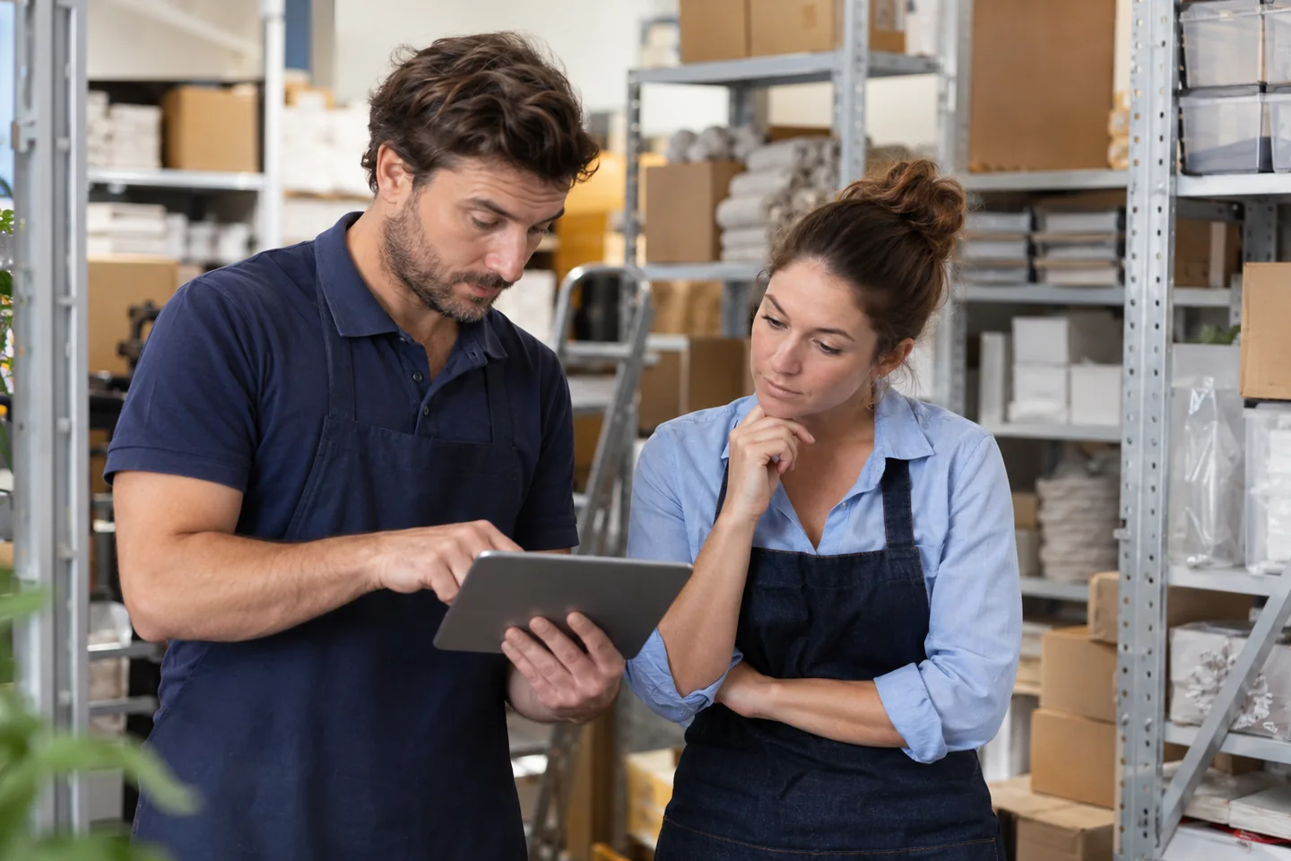Een medewerker bekijkt een oefenscenario op een tablet in een winkelomgeving. Een medewerker bekijkt een oefenscenario op een tablet in een winkelomgeving.
