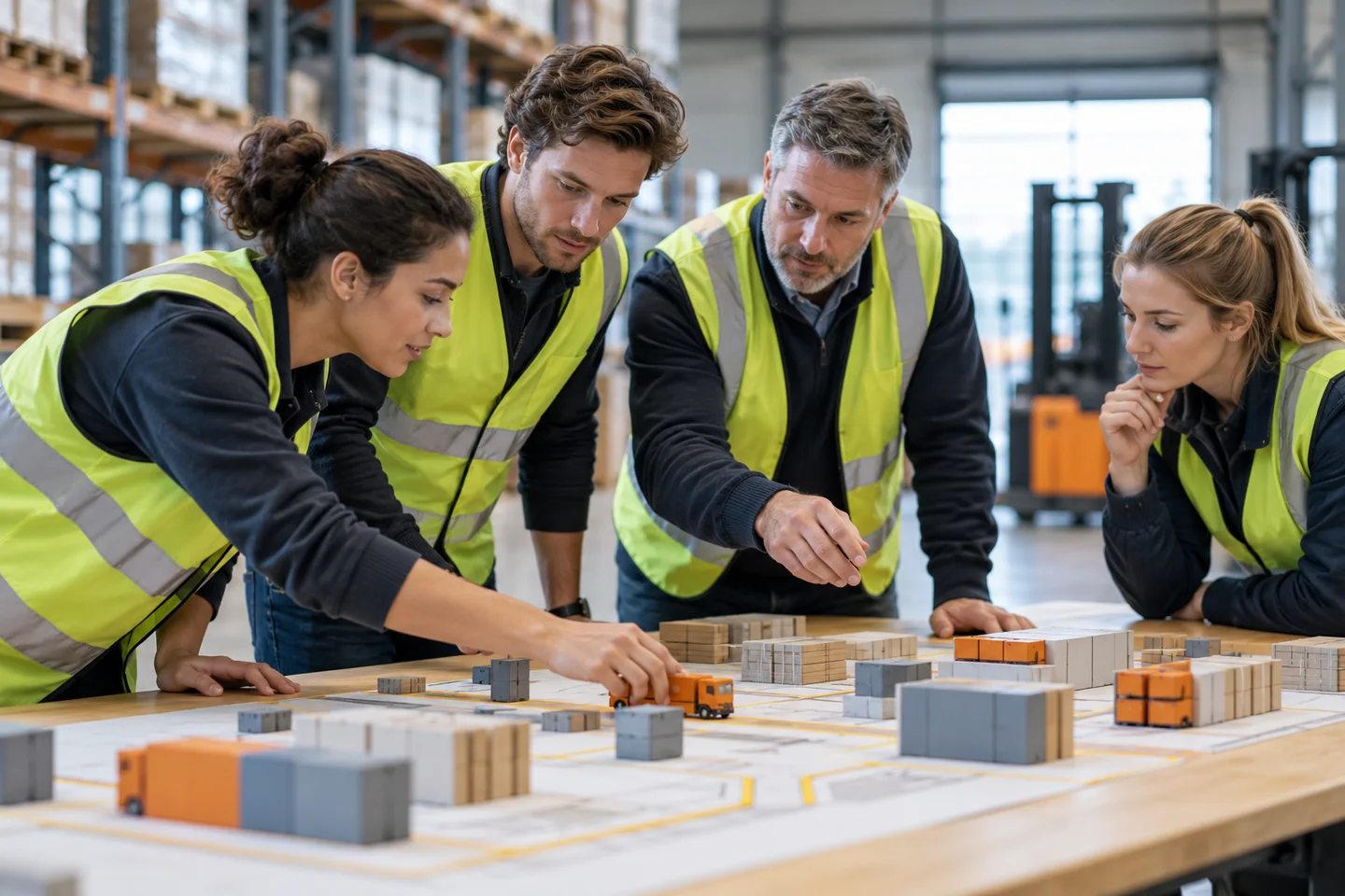 Medewerkers werken met modellen in een magazijn Medewerkers werken met modellen in een magazijn