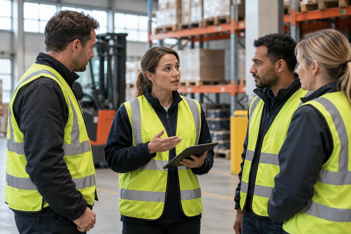 Medewerkers bespreken een magazijnsituatie